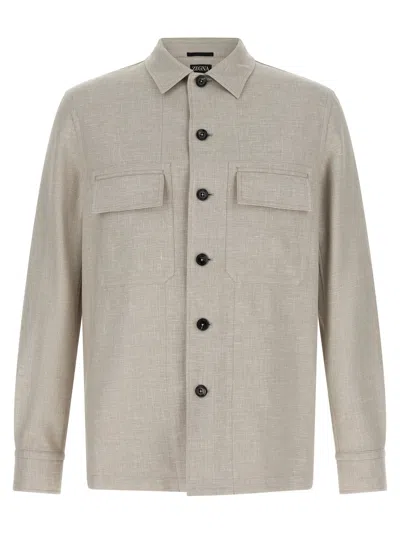Zegna Linen-wool-silk Blend Overshirt In Brown