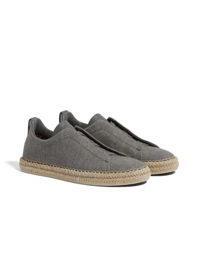 ZEGNA TRIPLE STITCH ESPADRILLES EN LIN ET CUIR GRIS CHINÉ