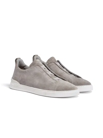 ZEGNA GREY MÉLANGE SUEDE TRIPLE STITCH SNEAKERS