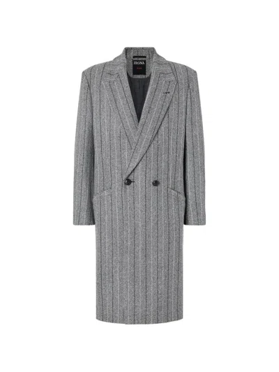 Zegna Trofeo Selection Double-breasted Pinstriped Wool Coat In Gray