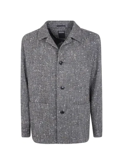 Zegna Herringbone-weave Button-up Shirt Jacket In Gray
