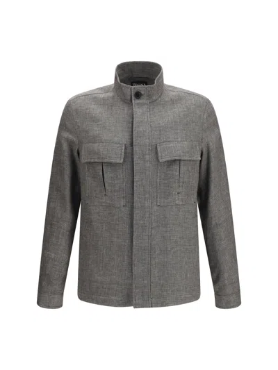 Zegna High-collar Linen Blend Shirt Jacket In Gray