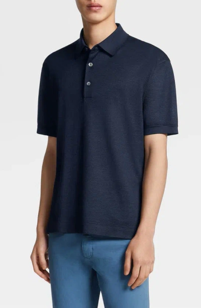 Zegna Silk Short-sleeve Polo Shirt In Dark Blue