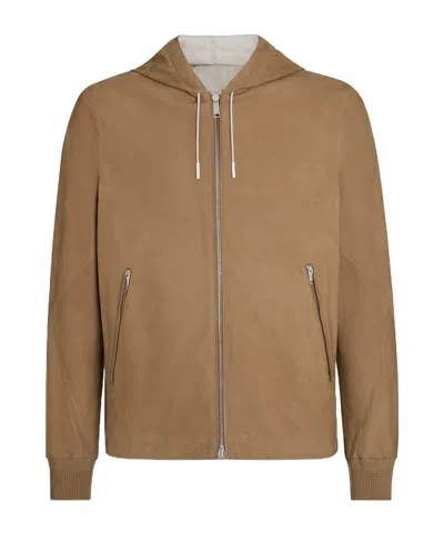 Zegna Hooded Zip-front Leather Jacket Beige