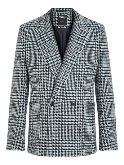 Zegna Houndstooth Double-breasted Blazer In Green