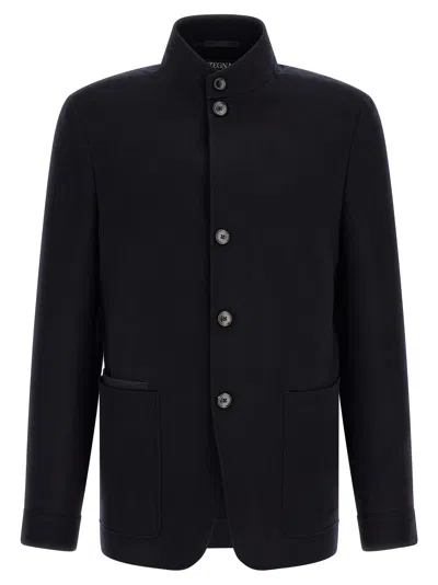 Zegna Il Conte Tailored Jacket Stand Collar In Blue