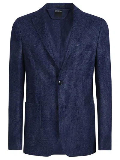 Zegna Micro Structure Cotton Jersey Jacket In Blue