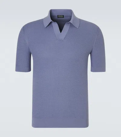 Zegna Cotton Polo Shirt Textured Knit Design In Blue