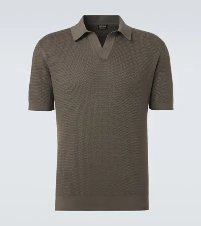 Zegna Regular Fit Jacquard Knit Open Polo Collar Short Sleeve Tee In Gray