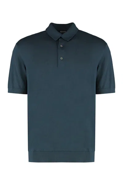 Zegna Ribbed Edge Cotton Polo Shirt With Collar In Blue