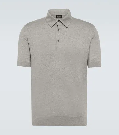 Zegna Knitted Cotton Polo Shirt In Gray