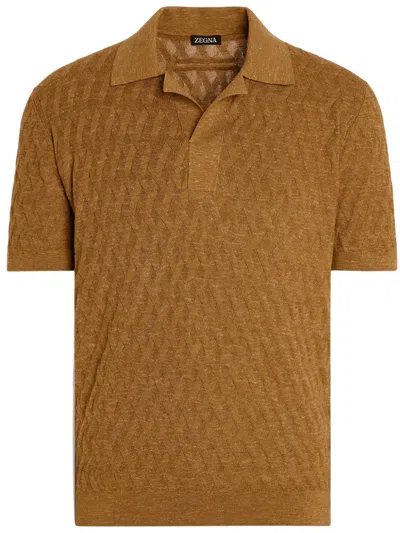 Zegna Knitted Polo Shirt In Brown