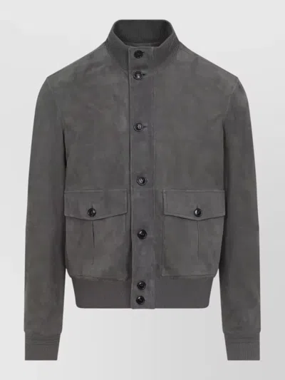 Zegna Leather Blouson Jacket Stand Collar Ribbed Cuffs In Gray