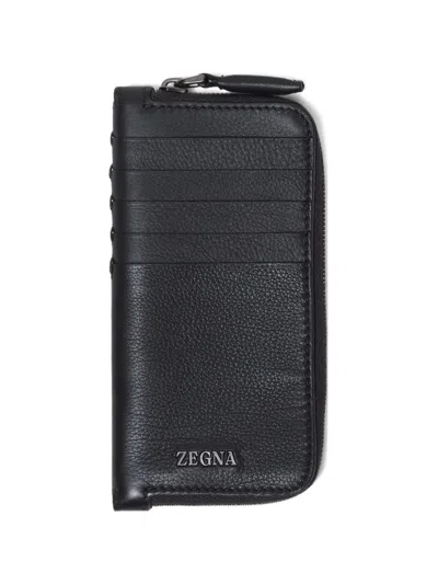 Zegna Leather Card Case In Blue