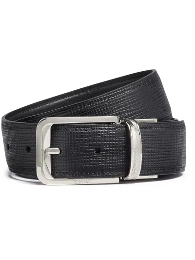 Zegna Leather Engraved Logo Belt In Schwarz