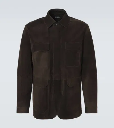 Zegna Leather Field Jacket In Braun