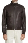 Zegna Zip-up Leather Bomber Jacket In Brown