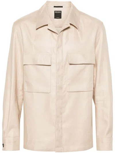 Zegna Leather Jacket In Neutrals
