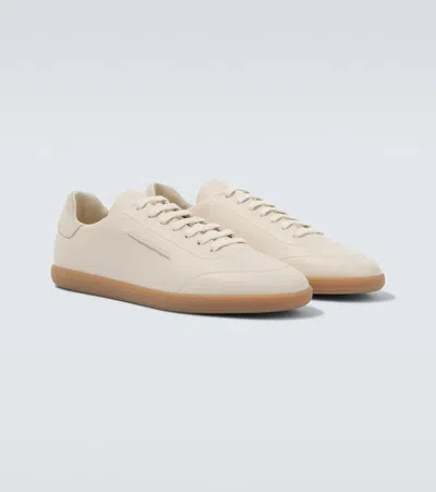 Zegna Beige Leather Sneakers With Embossed Details And Suede Heel In Neutral