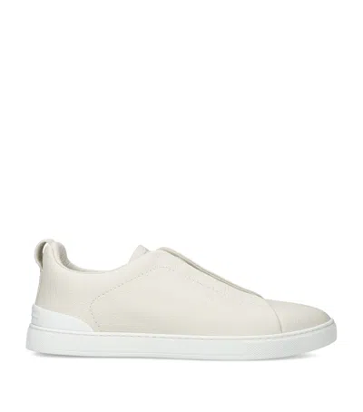 Zegna Leather Triple Stitch Sneakers In Beige
