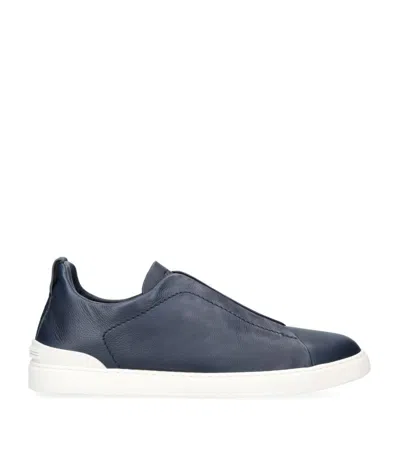 Zegna Leather Triple Stitch Sneakers In Navy