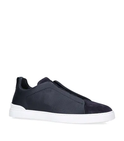 Zegna Leather Triple Stitch Sneakers In Blue