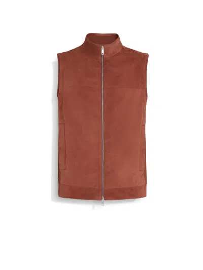 Zegna Leather Vest In Rouge Brique