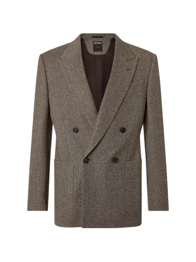 Zegna Light Beige And Dark Brown Wool And Cashmere Jacket