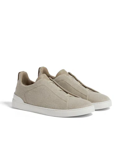 Zegna Light Beige Cotton Linen And Leather Triple Stitch Sneakers
