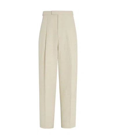 Zegna Light Beige Linen And Silk Blend Pants In Sand