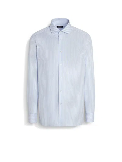 ZEGNA LIGHT BLUE AND WHITE MACRO-STRIPED CENTOVENTIMILA COTTON SHIRT