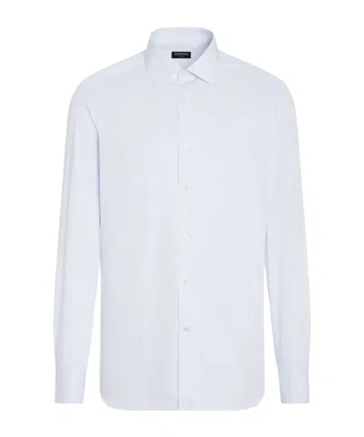 Zegna Light Blue And White Micro-striped Trecapi Cotton Shirt