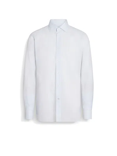 Zegna White And Light Blue Macro-striped Centoventimila Cotton And Linen Shirt In Blanc/bleu Clair