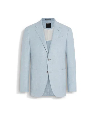 Zegna Light Blue Crossover Linen Wool And Silk Blend Jacket