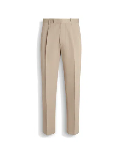 ZEGNA PANTALON EN COTON ET LAINE TAUPE CLAIR