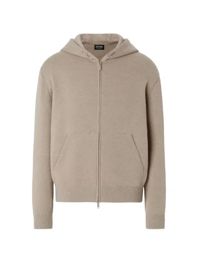Zegna Light Taupe Mélange Cashmere And Cotton Full-zip Hoodie In Neutral