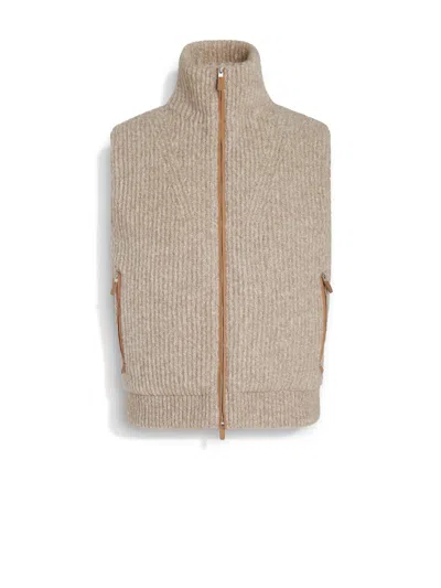 Zegna Light Taupe Mélange Cashmere Blend Full Zip Vest