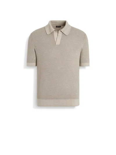 Zegna Light Taupe Mélange Silk Cashmere And Linen Polo Shirt
