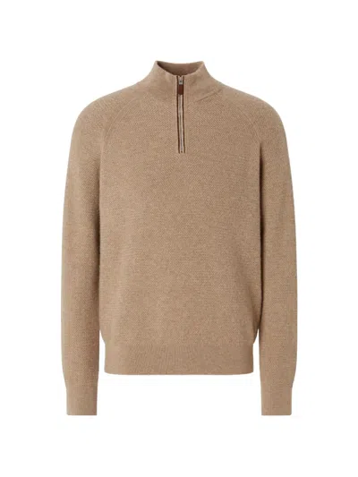 Zegna Ribbed Cashmere Turtleneck Sweater With Leather Trim And Zip Closure In Brown
