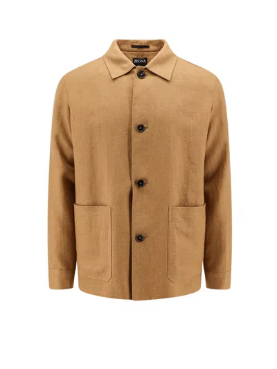 Zegna Linen And Wool Blend Jacket In Brown