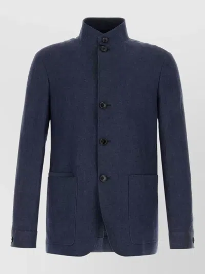 Zegna Linen Blazer Stand Collar Front Pockets In Blue