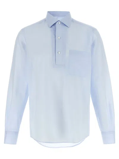 Zegna Linen Blend Shirt With Three-button Front In Blue