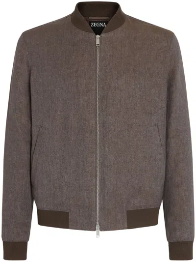 Zegna Bomber En Oasi Lino In Taupe Foncé