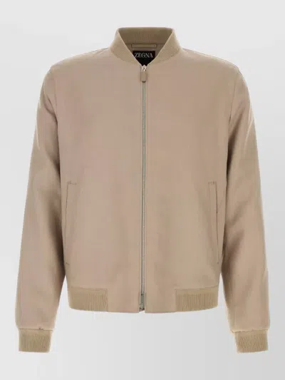 Zegna Linen Bomber Jacket Ribbed Cuffs Hem Pockets In Neutral