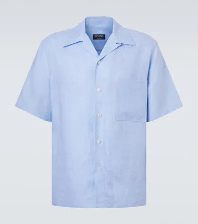 Zegna Linen Bowling Shirt In Blue