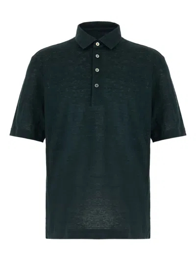 Zegna Polo Linen Shirt Short Sleeves In Green