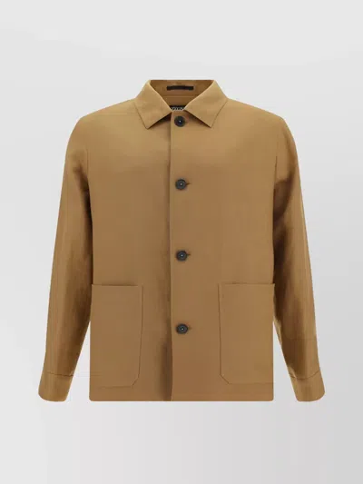 Zegna Linen Jacket With Collar And Back Vent In Brown
