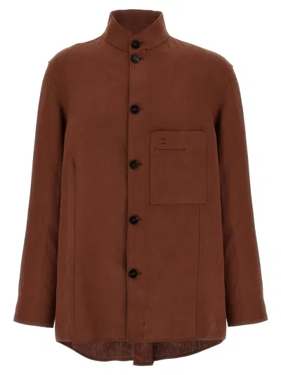 Zegna Linen Overshirt With Chest Pocket And Mandarin Collar In Brun Tabac