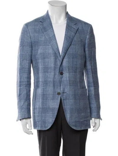 Pre-owned Zegna Linen Plaid Print Blazer In Blue