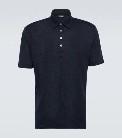 Zegna Linen Polo Shirt In Navy Blue